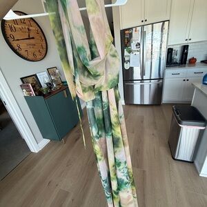 Elegant Green and Pink Tie-Dye Halter Dress